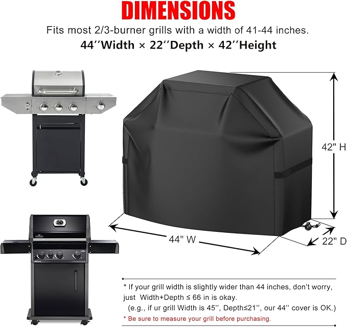 Grill Cover, 44 inch Small Gas Grill Cover for Outdoor Grill, Waterproof, Weather Resistant, UV & Fade Resistant, BBQ Grill Cover with Hook and Loop Straps, Black