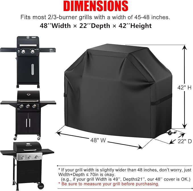 Grill Cover, BBQ Grill Cover, Waterproof, Weather Resistant, Rip-Proof, Anti-UV, Fade Resistant, with Hook-and-Loop Straps, Gas Grill Cover for Most Grills, 48 inch, Black