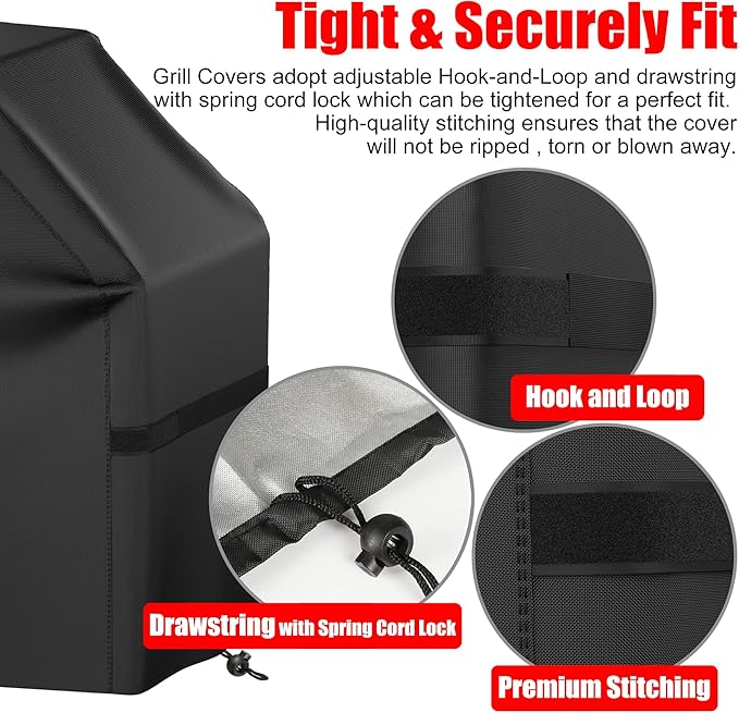 Grill Cover, BBQ Grill Cover, Waterproof, Weather Resistant, Rip-Proof, Anti-UV, Fade Resistant, with Hook-and-Loop Straps, Gas Grill Cover for Most Grills, 48 inch, Black