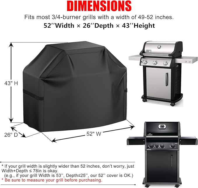 Grill Cover, 52 inch BBQ Gas Grill Cover Waterproof Weather Resistant, Fade Resistant, UV Resistant Material for Most Grills, Black