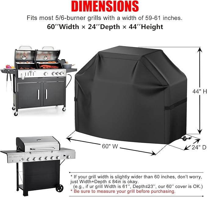 Grill Cover, 60 inch BBQ Grill Cover, Waterproof, Weather Resistant, Rip-Proof, Anti-UV, Fade Resistant, with Hook-and-Loop Straps, Gas Grill Cover for Most Grills, Black