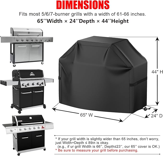 Grill Cover, 65 inch BBQ Grill Cover, Waterproof, Weather Resistant, Rip-Proof, Anti-UV, Fade Resistant, with Hook-and-Loop Straps, Gas Grill Cover for Most Grills, Black