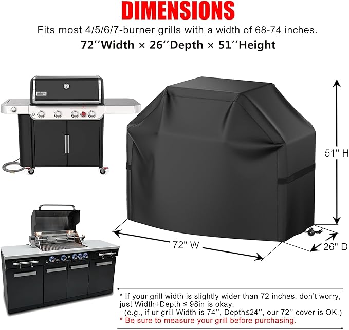 Grill Cover, 72 inch BBQ Grill Cover, Waterproof, Weather Resistant, Rip-Proof, Anti-UV, Anti-Fade, with Hook-and-Loop Straps, Gas Grill Cover for Most Grills (Black)