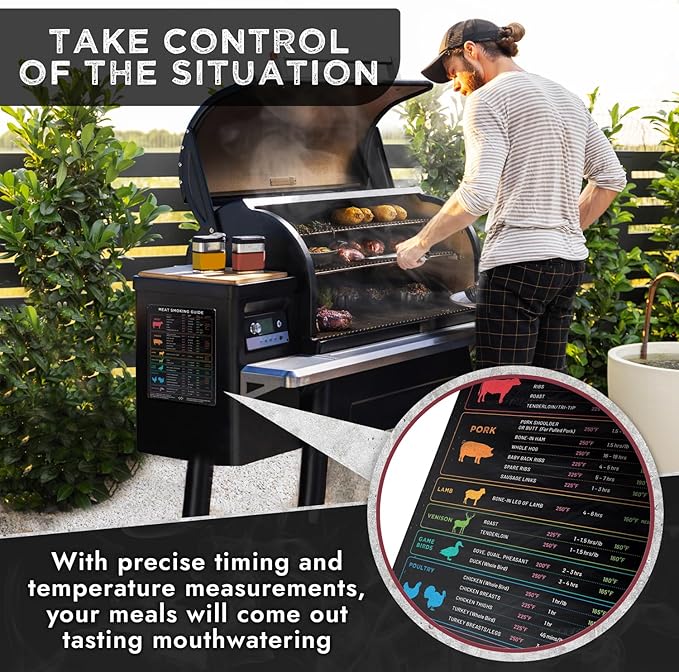Meat Temperature Magnet & BBQ Smoker Guide - Smoker & Pellet Grill Accessories - Wood, Time, & Temp - BBQ Smoker Accessories - Grilling Gifts for Men