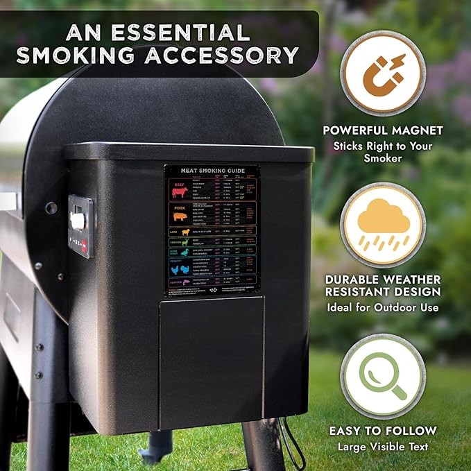 Meat Temperature Magnet & BBQ Smoker Guide - Smoker & Pellet Grill Accessories - Wood, Time, & Temp - BBQ Smoker Accessories - Grilling Gifts for Men