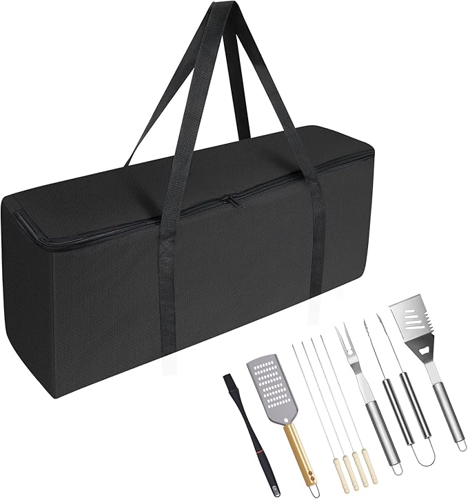 BBQ Tool Storage Bag, Heavy Duty BBQ Tools Bag, Waterproof -600D Oxford Cloth, Outdoor BBQ Grill Accessories Bag for Camping Picnic Trip (22X5X8Inch)