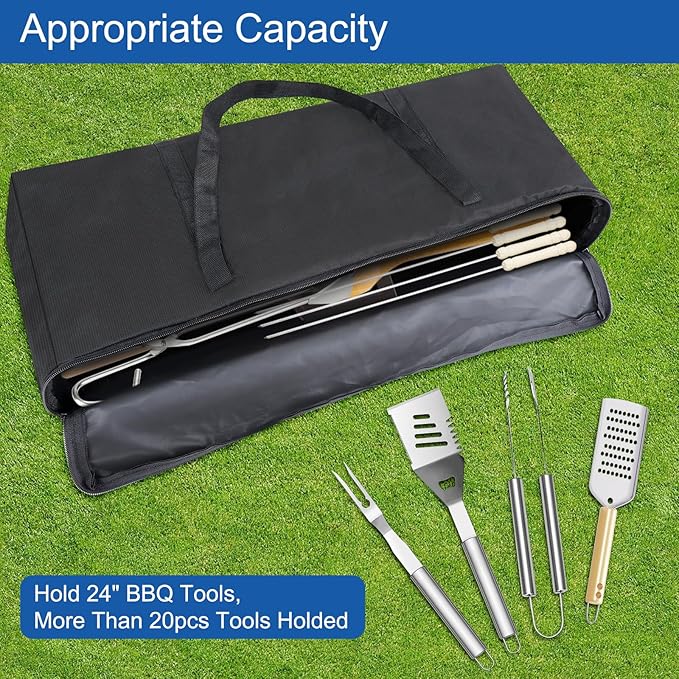 BBQ Tool Storage Bag, Heavy Duty BBQ Tools Bag, Waterproof -600D Oxford Cloth, Outdoor BBQ Grill Accessories Bag for Camping Picnic Trip (22X5X8Inch)