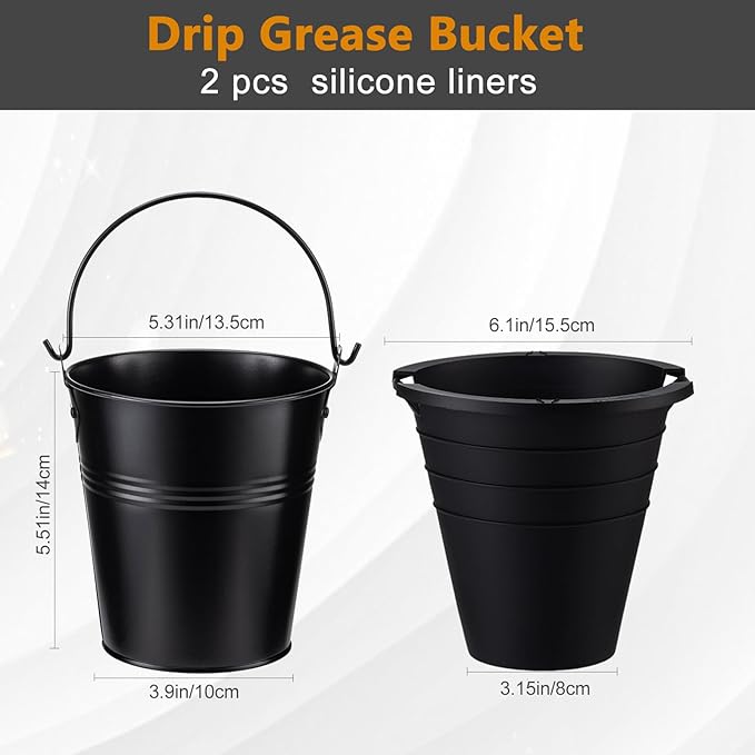 Drip Tray Grease Bucket and 2pcs Reusable siliconel Liners for Oklahoma Joe's, Traeger, Pit-Boss, Z Grill, Camp Chef, Grill Grease Bucket Fits Most Offset Smokers(Black+Black)