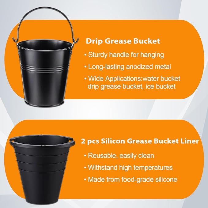 Drip Tray Grease Bucket and 2pcs Reusable siliconel Liners for Oklahoma Joe's, Traeger, Pit-Boss, Z Grill, Camp Chef, Grill Grease Bucket Fits Most Offset Smokers(Black+Black)