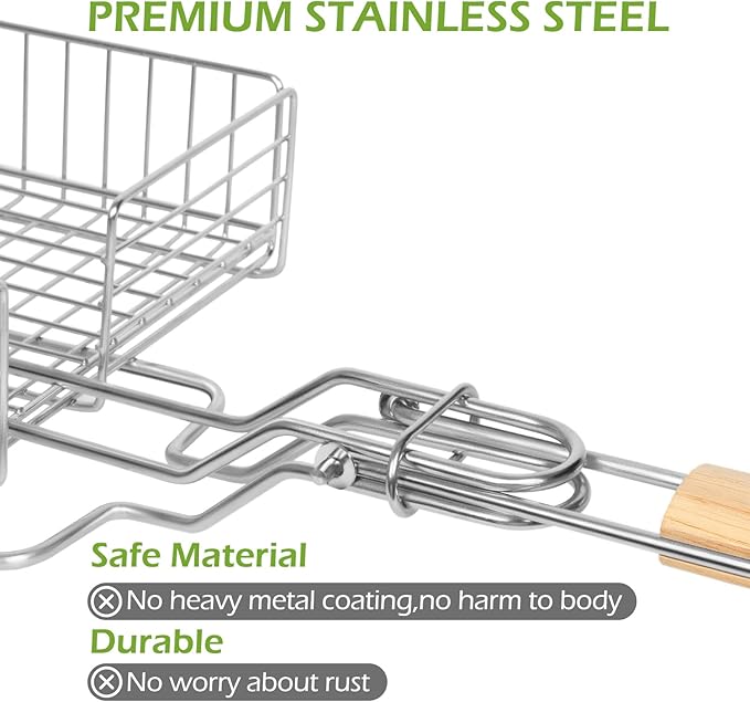 Stainless Steel Grill Basket, Grill Baskets for Outdoor Grill, Fish Grill Basket, for Meat Vegetable, Grilling Basket, BBQ Accessory, With Adjustable Cover & Detachable Handle, 1Pcs