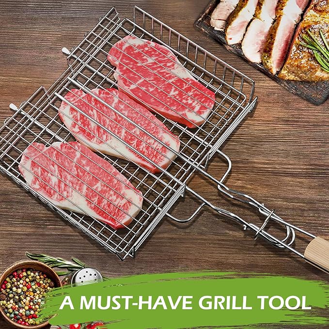 Stainless Steel Grill Basket, Grill Baskets for Outdoor Grill, Fish Grill Basket, for Meat Vegetable, Grilling Basket, BBQ Accessory, With Adjustable Cover & Detachable Handle, 1Pcs