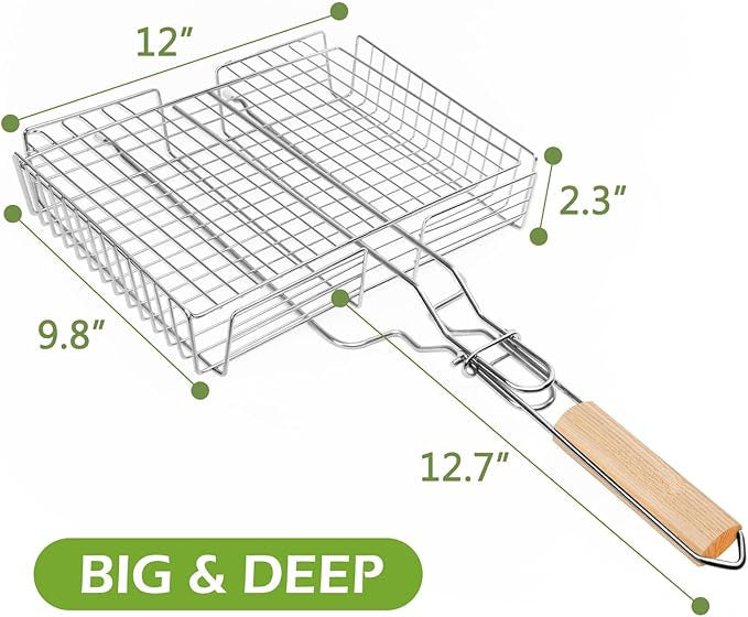 Stainless Steel Grill Basket, Grill Baskets for Outdoor Grill, Fish Grill Basket, for Meat Vegetable, Grilling Basket, BBQ Accessory, With Adjustable Cover & Detachable Handle, 1Pcs