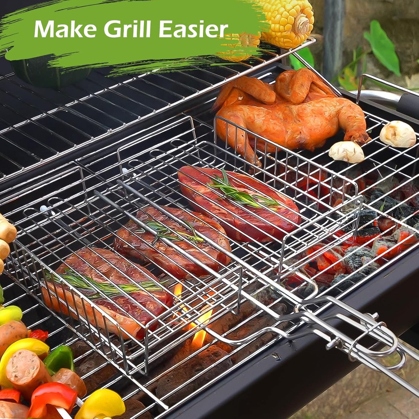 Stainless Steel Grill Basket, Grill Baskets for Outdoor Grill, Fish Grill Basket, for Meat Vegetable, Grilling Basket, BBQ Accessory, With Adjustable Cover & Detachable Handle, 1Pcs
