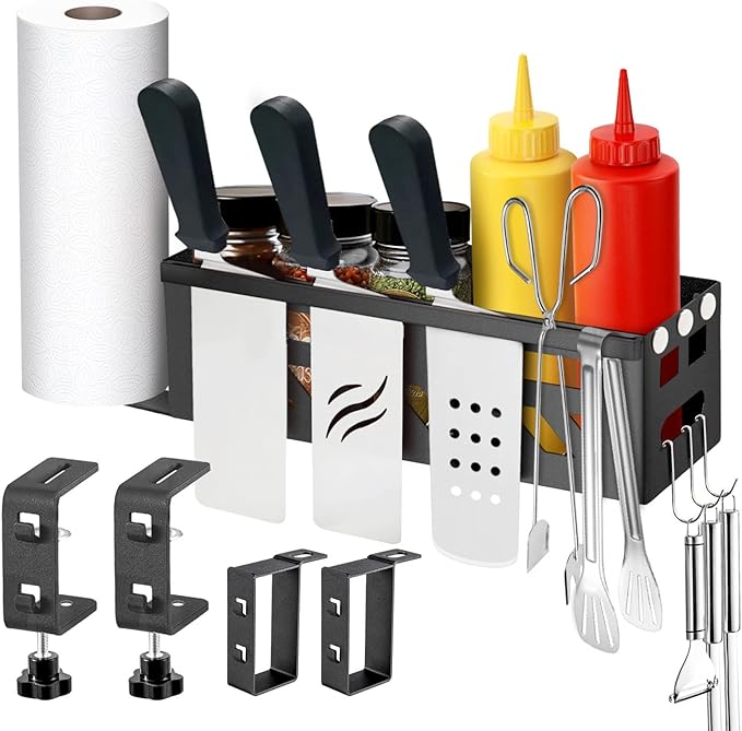 Griddle Caddy for 17"/22"/28"/36" Blackstone Griddles, BBQ Caddy Space Saving BBQ Accessories Storage Box, Grill Caddy with Paper Towel Holder & Knife Rack for Outdoor Grill Accessories