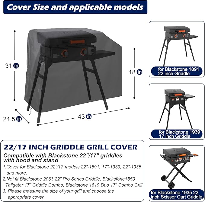 Griddle Grill Cover for Blackstone 22 inch and 17 inch with Hood and Stand, Waterproof UV Resistant Rip-Proof Material Griddle Cover - Black(Cover Only)
