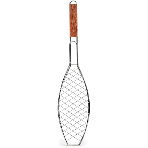 BBQ Basket, 6" x 14.75", Fits 1 Whole Fish or Multiple Fillets, Made from Stainless Steel w/ Rosewood Handle, Holds Fish in Place for Perfect Roasting,Silver