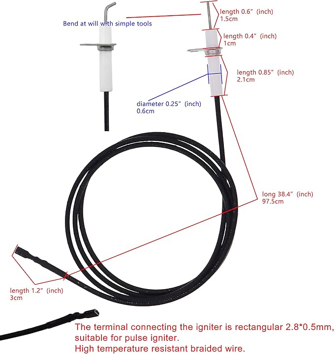 (Rectangular Pin)2Pc 38" Pulse Ignitor Wire & Ceramic Electrode Assembly Replacement,Ignition Electrode Can DIY Bending for Pulse Ignitor Spark Plug Ignition Electrode Replacement