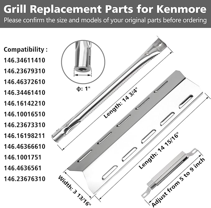 Grill Replacement Parts for Kenmore 146.34611410 146.05349710 146.46372610 146.34461410 146.10016510 146.16197210 146.16198211, Stainless Steel Heat Plate, Grill Burner, Crossover Tube