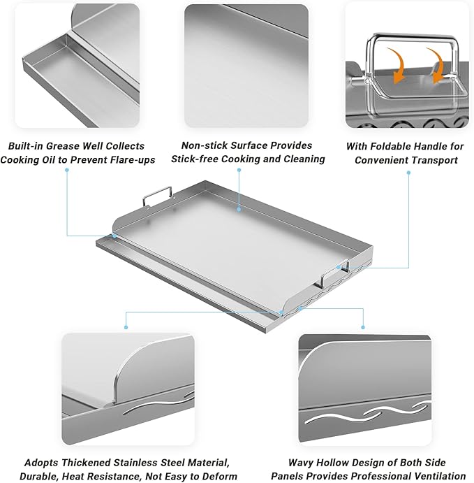 Universal Stainless Steel Griddle Plate with Even Heating Bracing for BBQ Charcoal/Gas Grills, 23" x 16" Rectangular Hibachi Flat Top Griddle for Indoor/Outdoor Cooking