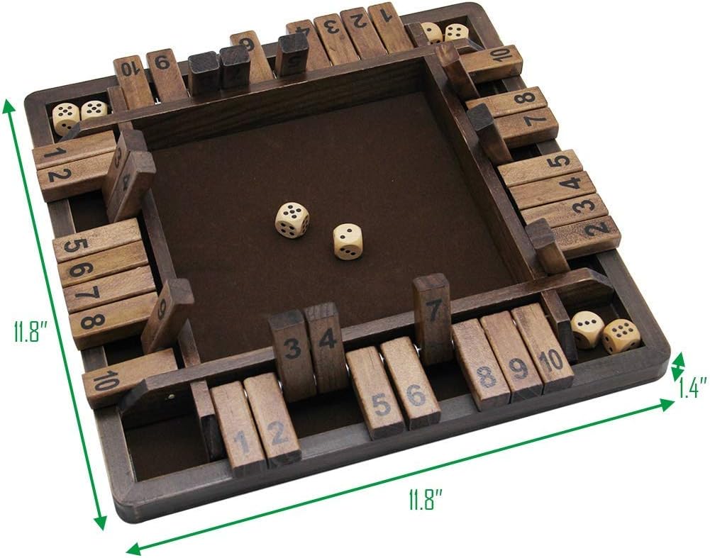 Wooden 4 Players Shut The Box Dice Game, Classics Tabletop Version and Pub Board Game, 12 inch