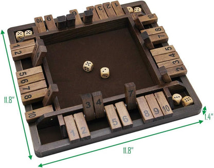 Wooden 4 Players Shut The Box Dice Game, Classics Tabletop Version and Pub Board Game, 12 inch
