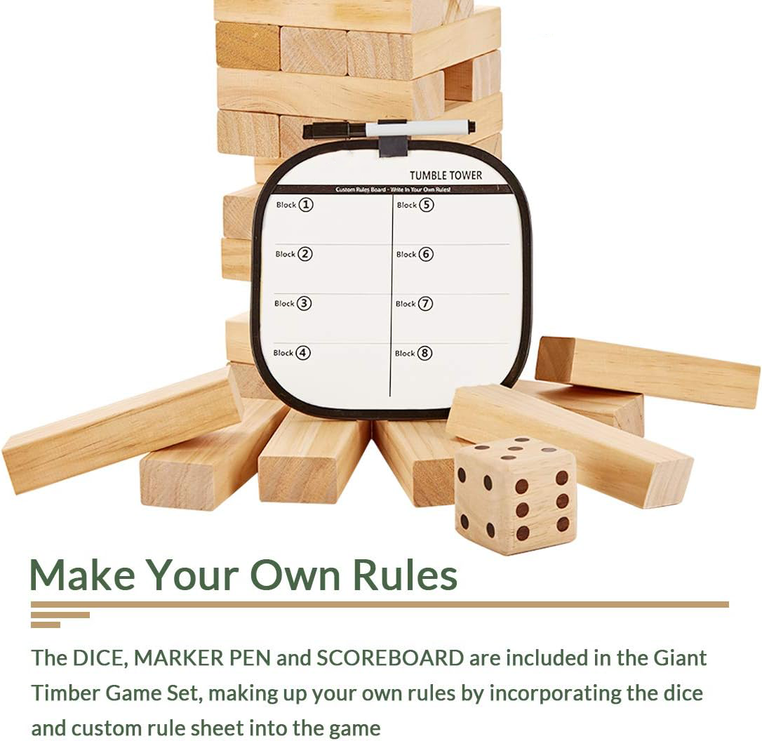 54 PCS Tumble Timber Set [Stack to 3FT], Pine Wooden Tumble Tower Game with Dice and Scoreboard Set - Classic Block Stacking Board Game for Teens Children Adults