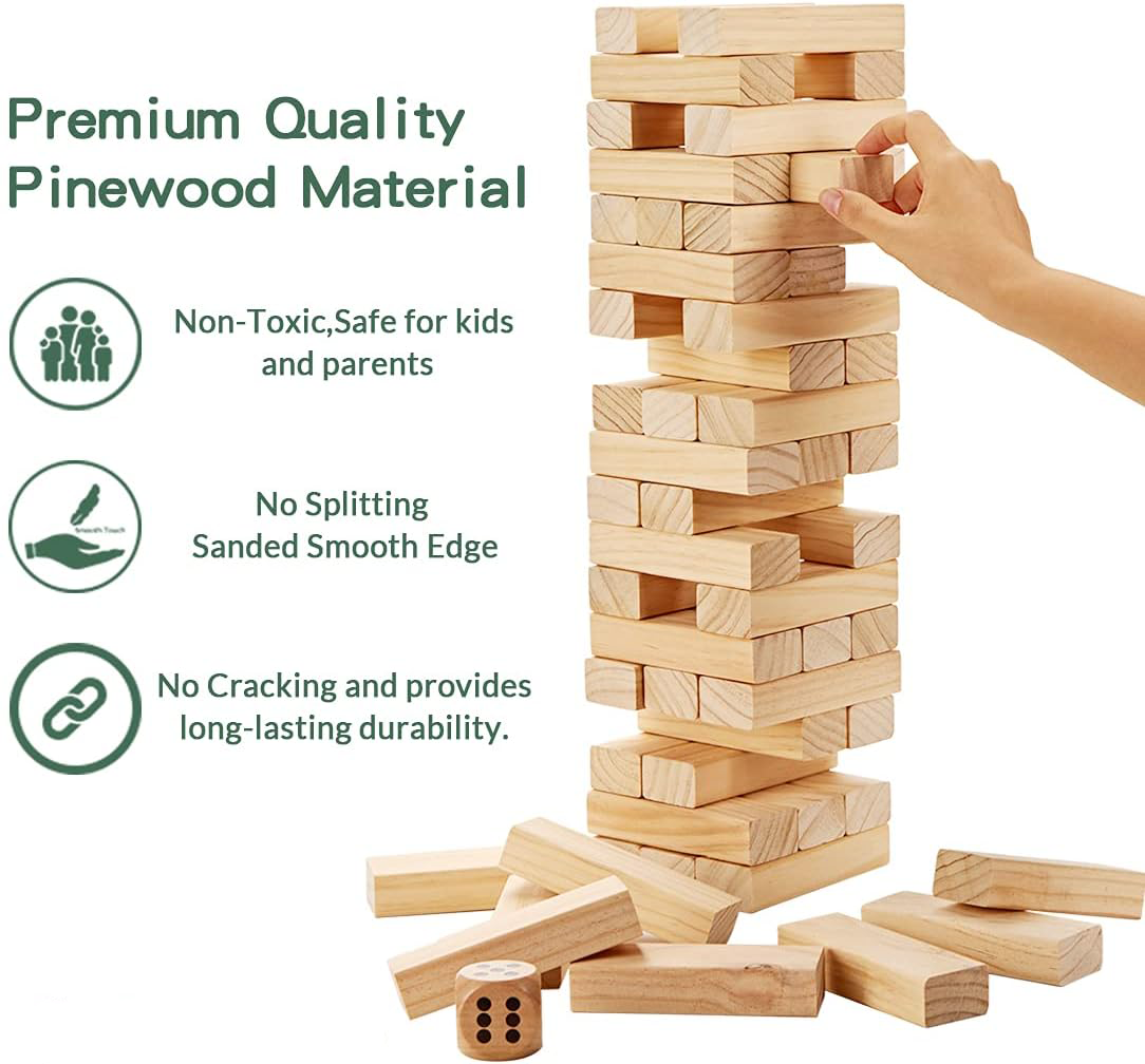 54 PCS Tumble Timber Set [Stack to 3FT], Pine Wooden Tumble Tower Game with Dice and Scoreboard Set - Classic Block Stacking Board Game for Teens Children Adults
