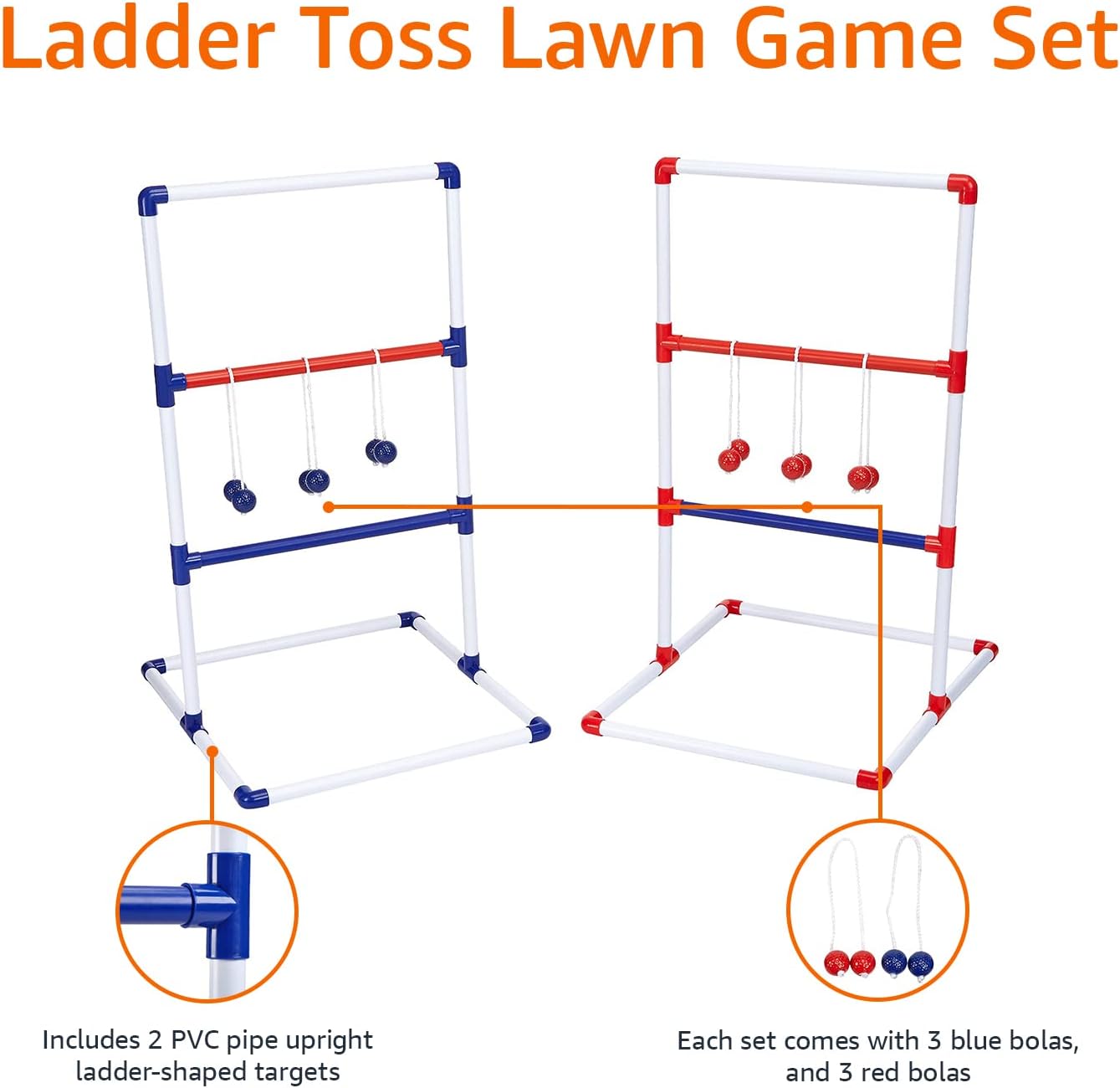 Ladder Toss Indoor & Outdoor Game Set with 6 Soft Rubber Bolo Balls and Travel Carrying Case