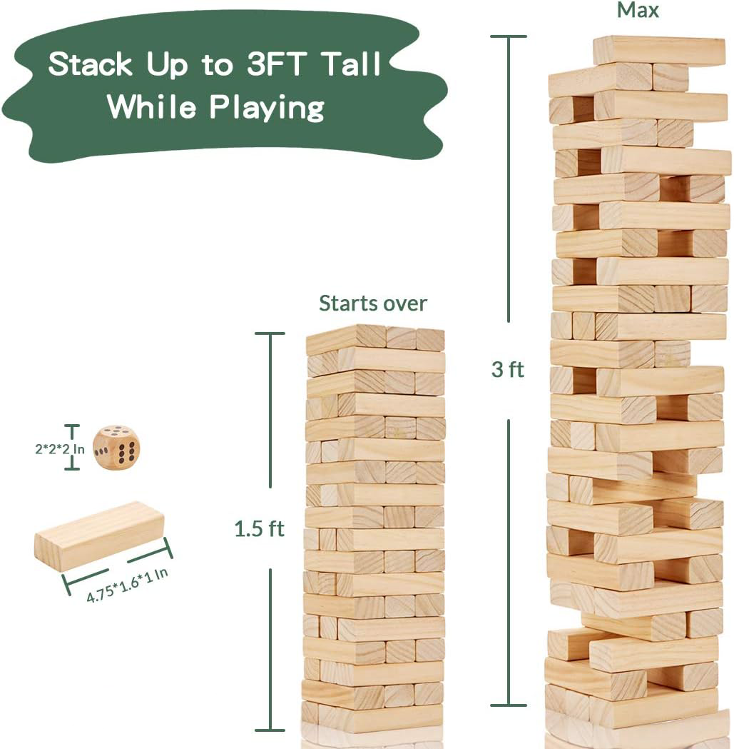 54 PCS Tumble Timber Set [Stack to 3FT], Pine Wooden Tumble Tower Game with Dice and Scoreboard Set - Classic Block Stacking Board Game for Teens Children Adults