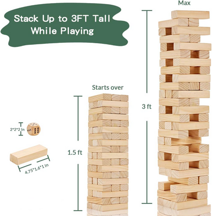 54 PCS Tumble Timber Set [Stack to 3FT], Pine Wooden Tumble Tower Game with Dice and Scoreboard Set - Classic Block Stacking Board Game for Teens Children Adults