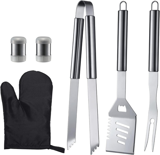 6-Piece BBQ Grill Tool Set, Stainless Steel Spatula, Fork, Tongs, Kitchen Cooking Barbecue Camping Utensil Kit, Perfect Accessories for Outdoor Grilling