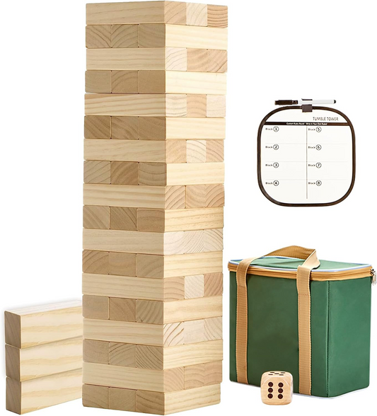 54 PCS Tumble Timber Set [Stack to 3FT], Pine Wooden Tumble Tower Game with Dice and Scoreboard Set - Classic Block Stacking Board Game for Teens Children Adults