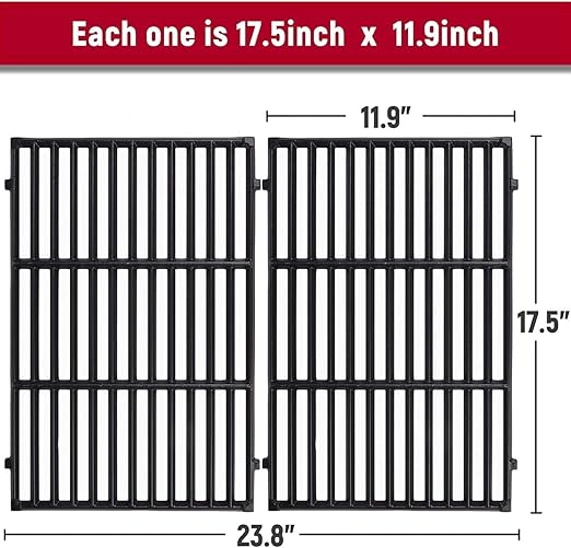 7638 Grill Grates Replacement for Weber Spirit 300 Series, E-310 E-330, Genesis Silver/Gold B & C Grill Replacement Parts, Cast Iron, 17.5 x 11.9 Inch, 2-Pack