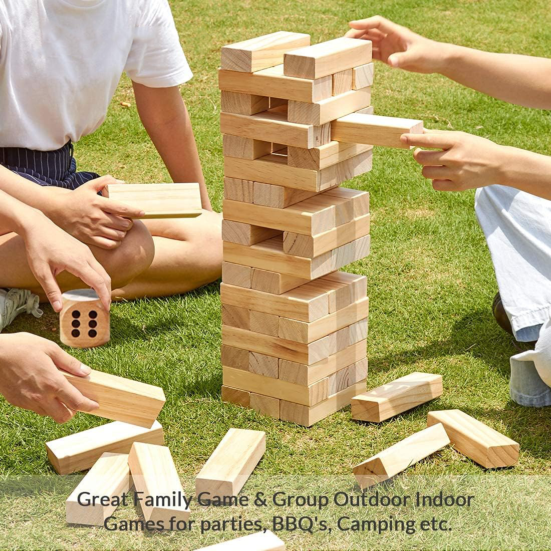 54 PCS Tumble Timber Set [Stack to 3FT], Pine Wooden Tumble Tower Game with Dice and Scoreboard Set - Classic Block Stacking Board Game for Teens Children Adults