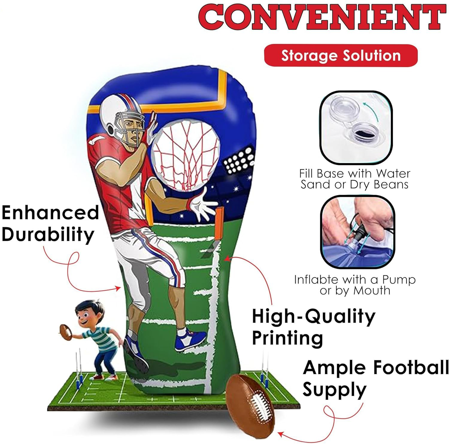 Inflatable Football Target Toss Toy and Game for Boys Ages 8-12, 60 inch Receiver with Mini Soft Football