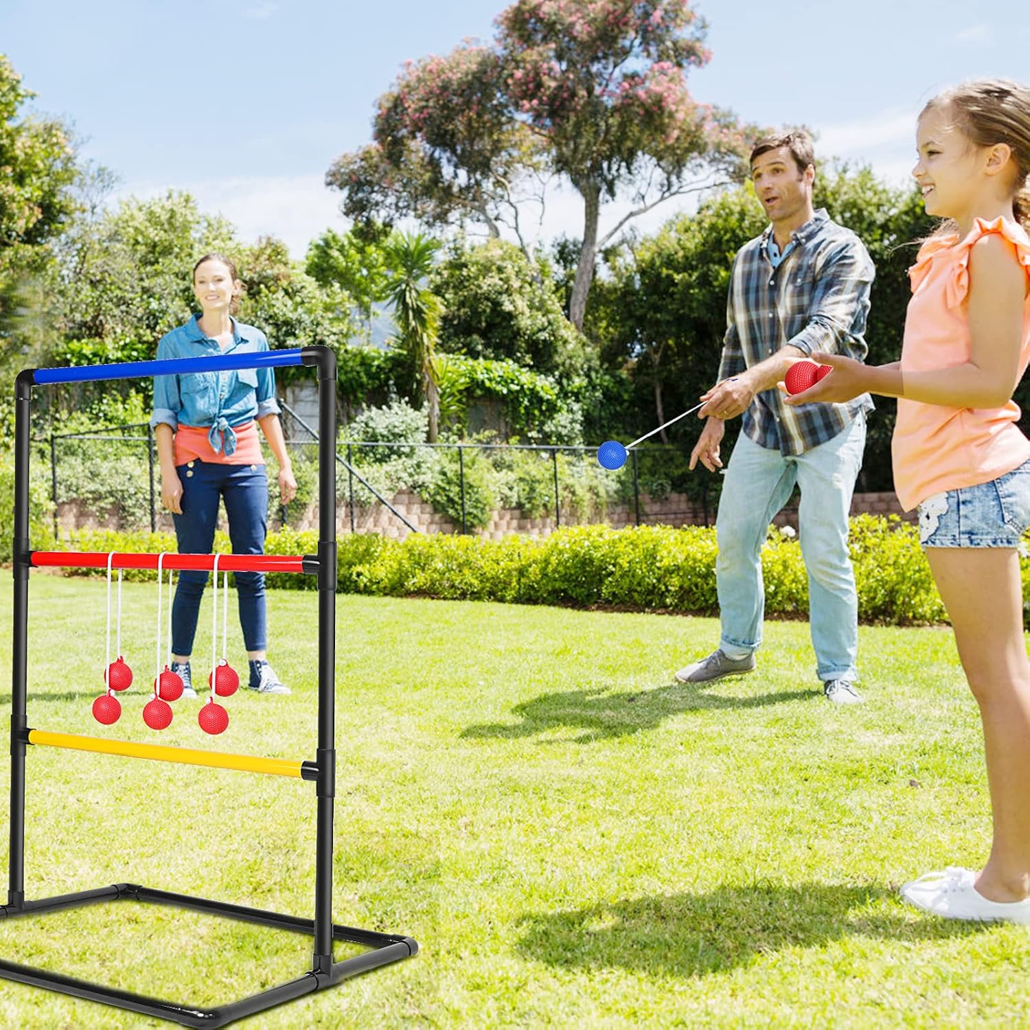 Ladder Toss Indoor & Outdoor Game Set with 6 Soft Rubber Bolo Balls and Travel Carrying Case, Score Trackers