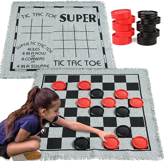 3-in-1 Vintage Giant Checkers, Tic, Tac, Toe, with Reversible Mat, 24 Chips, Family Board Game, Lawn Game, BBQ Party Favor, Indoor Outdoor Activity for Kids Adults