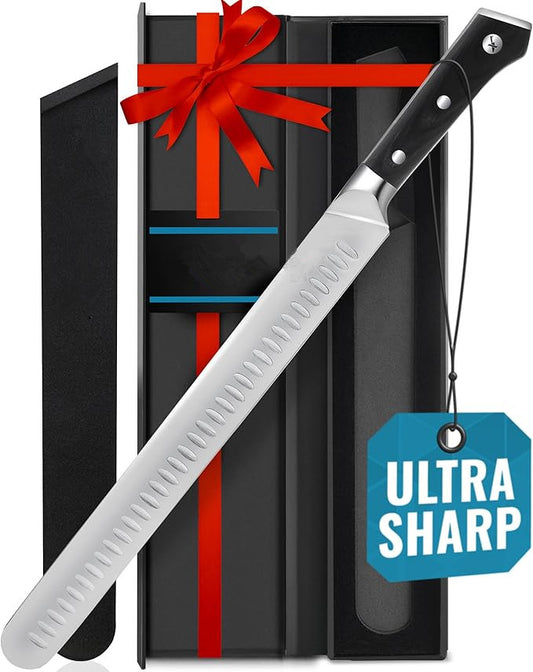 Slicing Carving Knife – 12" Brisket Knife, Meat Cutting and BBQ Knife – Razor Sharp German Steel, Sheath Included, Full Tang, Ergonomic Handle Design, Grilling Gifts for Men
