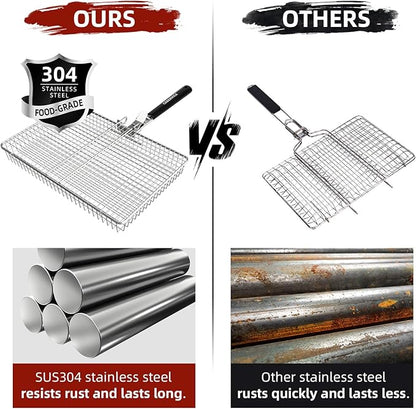 Grill Basket Extra Large, SUS304 Stainless Steel, Portable Folding BBQ Camping Grilling Rack for Fish, Vegetables, Shrimp, Barbeque Griller Cooking Accessories