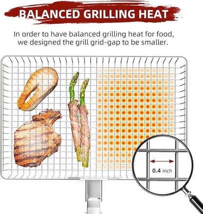 Grill Basket Extra Large, SUS304 Stainless Steel, Portable Folding BBQ Camping Grilling Rack for Fish, Vegetables, Shrimp, Barbeque Griller Cooking Accessories