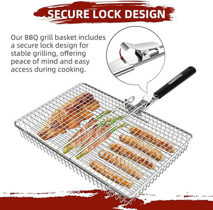 Grill Basket Extra Large, SUS304 Stainless Steel, Portable Folding BBQ Camping Grilling Rack for Fish, Vegetables, Shrimp, Barbeque Griller Cooking Accessories