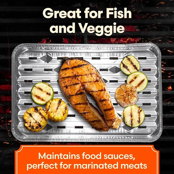 [25-Pack] Grill Liner Pans - Disposable Aluminum Foil Perforated Grill Grates Lining Trays for Outdoor Grills - Broiler Pans with Holes for Grilling, Topper Pans, Accessories for BBQ Charcoal Grills