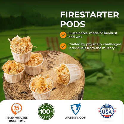 Fire Starter Pods in Resealable Packs - Fire Starters for Campfires, BBQ, Grill, Pit, Wood Stove & Charcoal Starter, 15-20-Min Burn, 30 Extra Large Pods, USA Made, Brown, 3.2 Lbs
