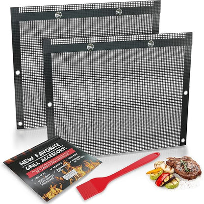 Non-Stick Large BBQ Grilling Bags + Basting Brush - Reusable PTFE Mesh Indoor Outdoor Charcoal Barbecue Grill Bag Accessories, Heat-Resistant Up to 500 F, Easy to Clean, Dishwasher-Safe
