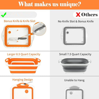Collapsible Cutting Board, Foldable Chopping Board with Colander, Multifunctional Kitchen Vegetable Washing Basket Silicone Dish Tub for BBQ Prep/Picnic/Camping