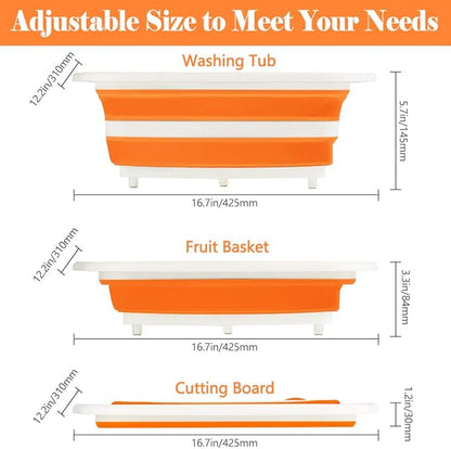 Collapsible Cutting Board, Foldable Chopping Board with Colander, Multifunctional Kitchen Vegetable Washing Basket Silicone Dish Tub for BBQ Prep/Picnic/Camping